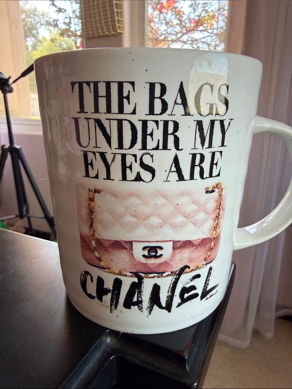 NWOT Designer Coffee Mug “THE BAGS UNDER MY EYES ARE CHANEL” pink 20 oz